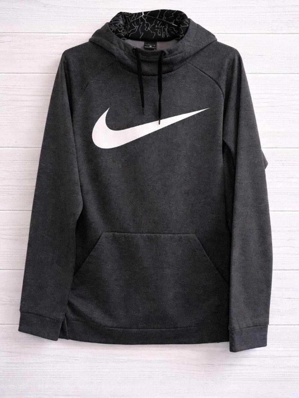 Nike Dri-FIT Hoodie Large Gray Black Topo Print Swoosh EUC